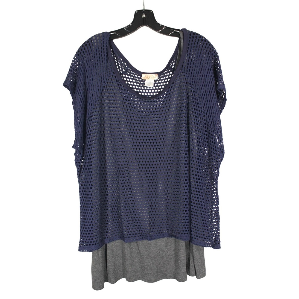 LAVISH Gray JERSEY KNIT w/Navy FISHNET OVERLAY Layered ROUND NECK Blouse/Top 2X